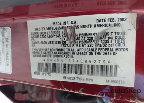 2004 Mitsubishi Endeavor Limited z USA, uszkodzony, nr VIN 4A4MM41S74E002794